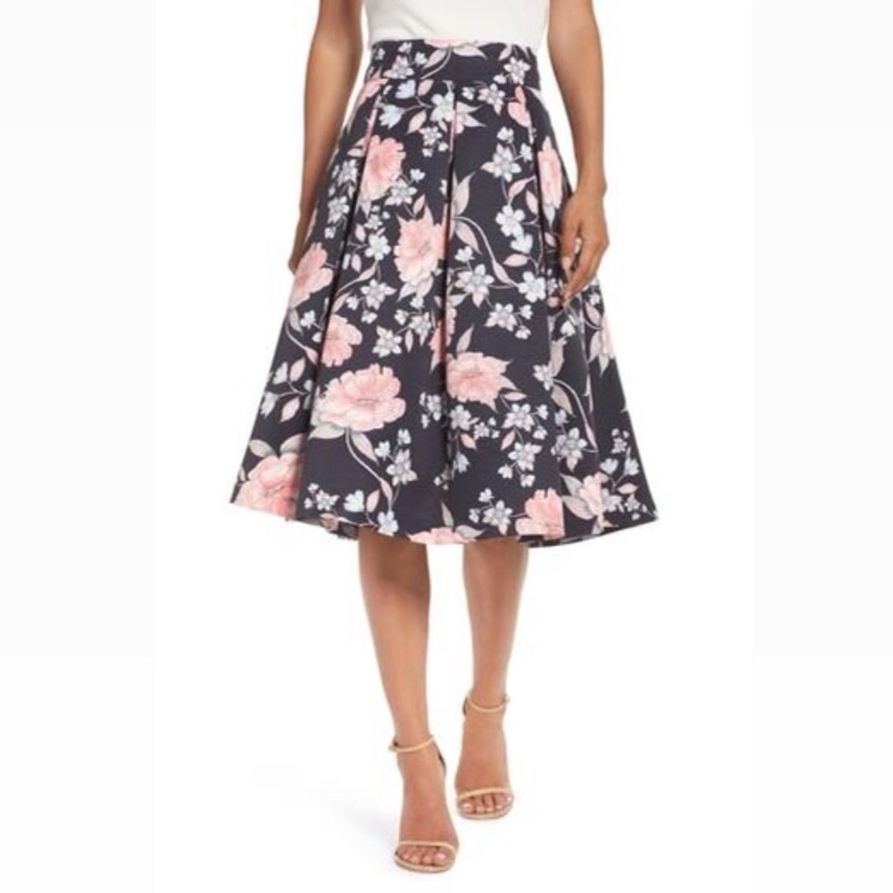 Eliza J, Floral Print A-Line Midi Skirt, Size 8